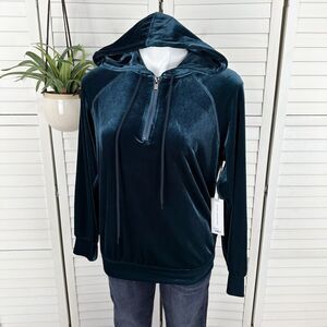 New Liverpool LA Velvet Hooded‎ Raglan Sleeve Half Zip Sweatshirt Teal Size S